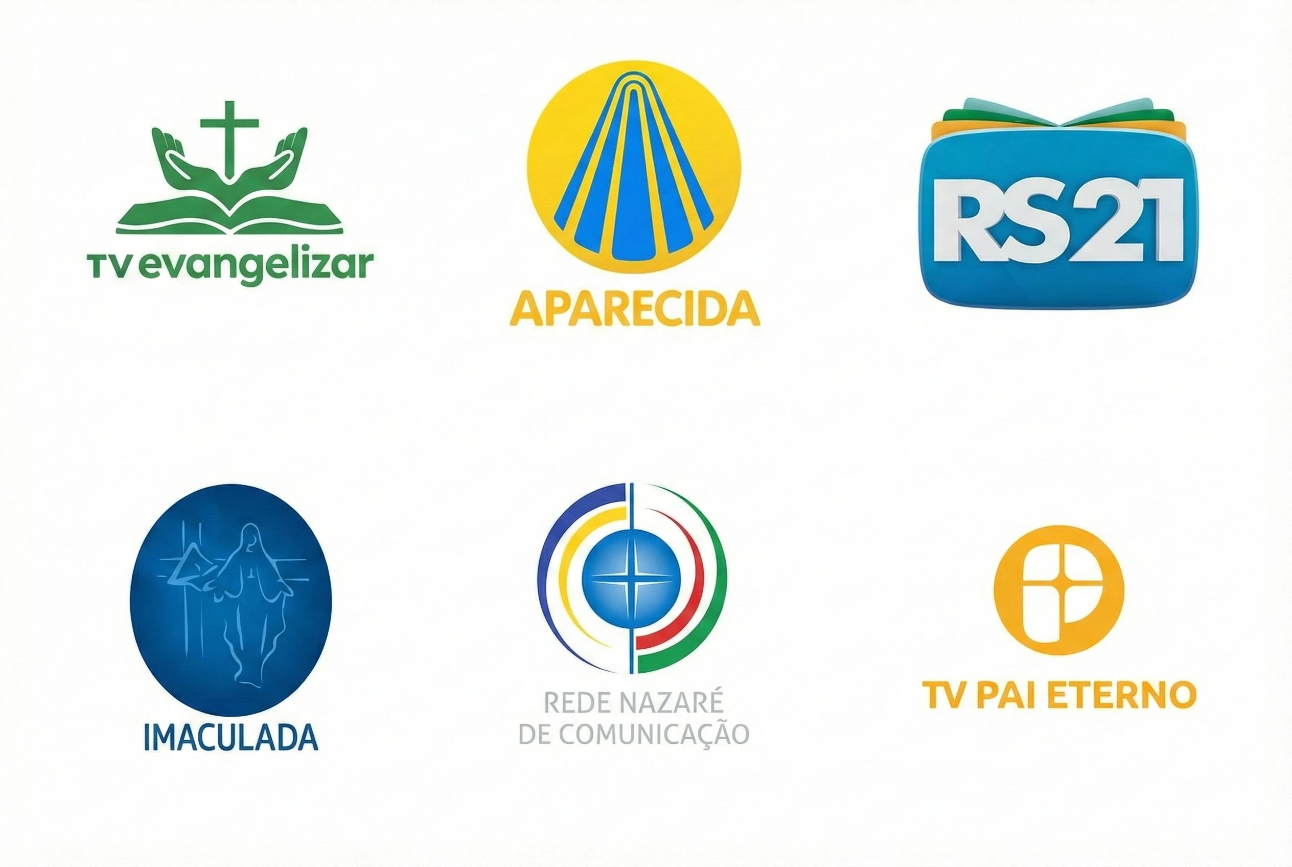 Logos dos canais religiosos parceiros: TV Evangelizar, Aparecida, RS21, Imaculada, Rede Nazaré, TV Pai Eterno